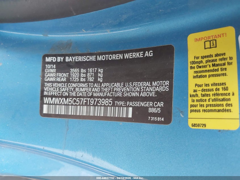2015 Mini Hardtop Cooper VIN: WMWXM5C57FT973985 Lot: 44827782