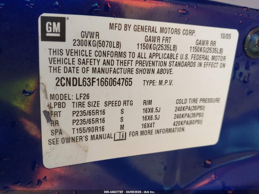 2006 Chevrolet Equinox Lt VIN: 2CNDL63F166064765 Lot: 44827787