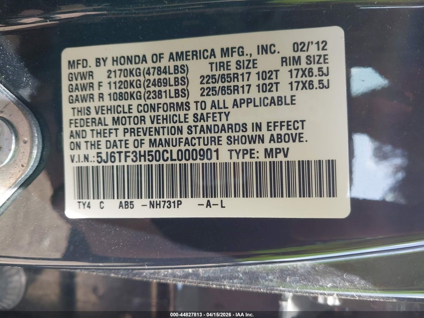 2012 Honda Crosstour 2.4 Ex-L VIN: 5J6TF3H50CL000901 Lot: 44827813