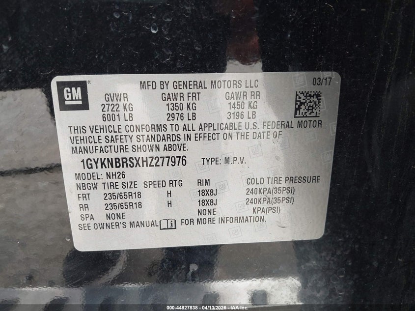 2017 Cadillac Xt5 Luxury VIN: 1GYKNBRSXHZ277976 Lot: 44827838