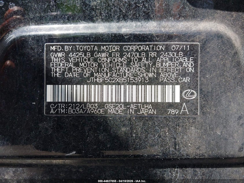 2011 Lexus Is 250 VIN: JTHBF5C2XB5153913 Lot: 44827855