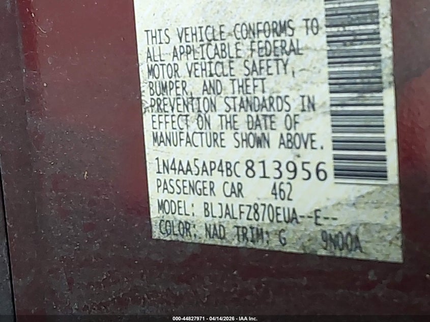 2011 Nissan Maxima 3.5 Sv VIN: 1N4AA5AP4BC813956 Lot: 44827971