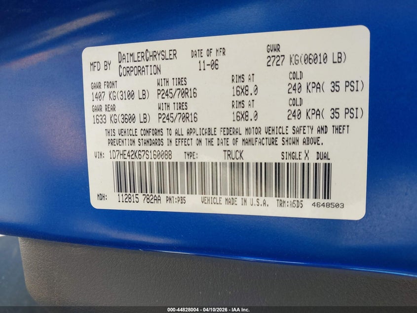 2007 Dodge Dakota Slt VIN: 1D7HE42K67S160088 Lot: 44828004