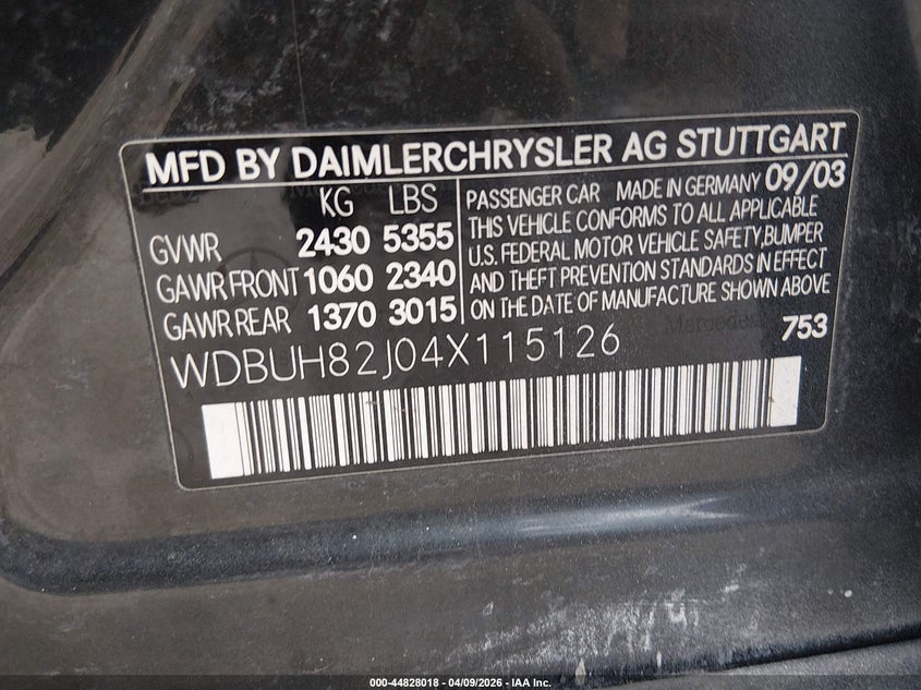 2004 Mercedes-Benz E 320 4Matic VIN: WDBUH82J04X115126 Lot: 44828018