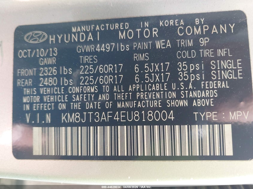 2014 Hyundai Tucson Gls VIN: KM8JT3AF4EU818004 Lot: 44828034