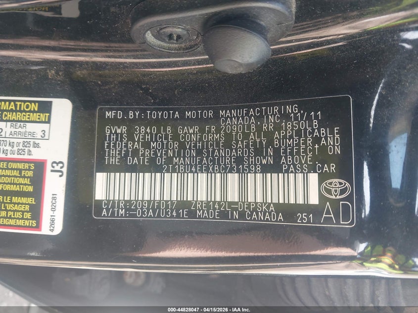 2011 Toyota Corolla S VIN: 2T1BU4EEXBC731598 Lot: 44828047