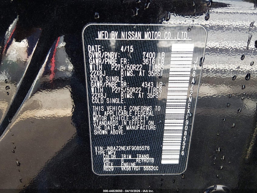 2015 Infiniti Qx80 Limited VIN: JN8AZ2NEXF9085576 Lot: 44828050