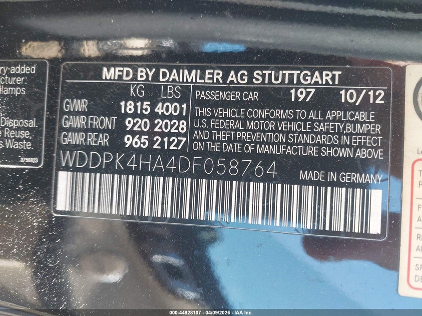 2013 Mercedes-Benz Slk 250 VIN: WDDPK4HA4DF058764 Lot: 44828107