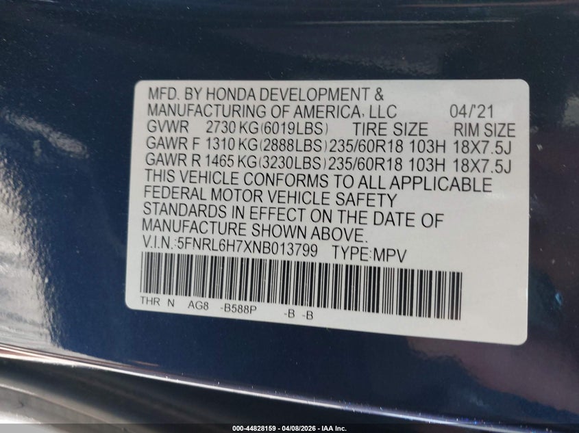 2022 Honda Odyssey Ex-L VIN: 5FNRL6H7XNB013799 Lot: 44828159