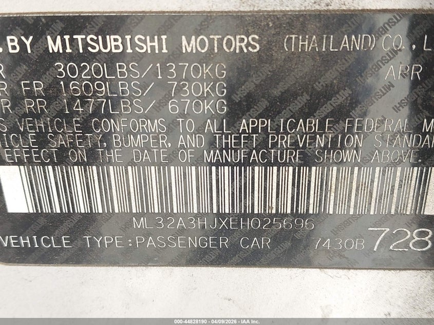 2014 Mitsubishi Mirage De VIN: ML32A3HJXEH025696 Lot: 44828190