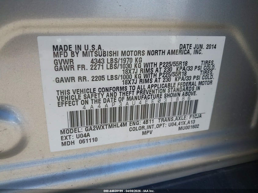 2014 Mitsubishi Outlander Sport Es VIN: 4A4AP3AU4EE031886 Lot: 44828199