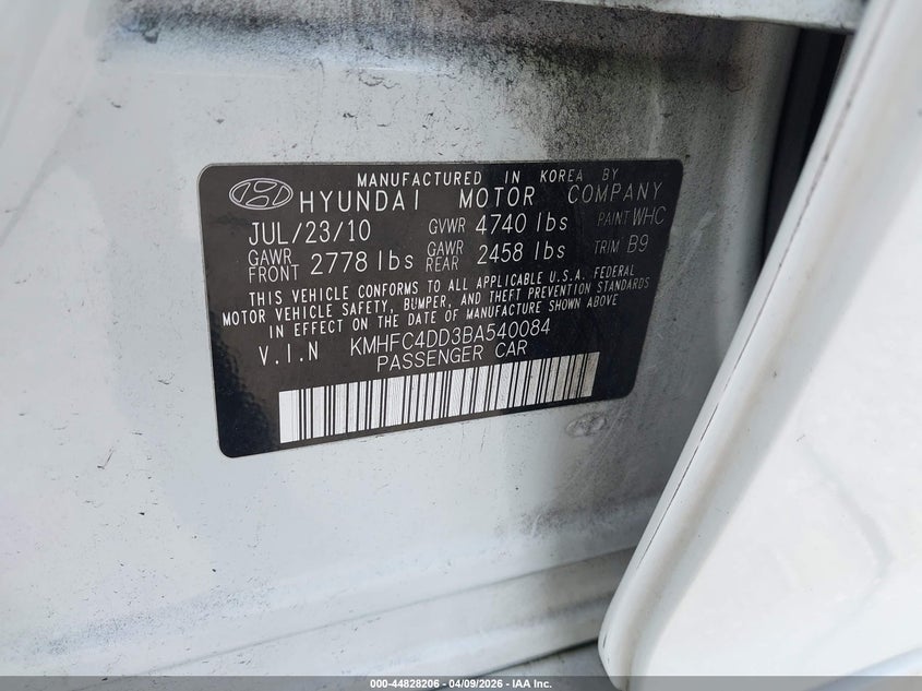 2011 Hyundai Azera Gls VIN: KMHFC4DD3BA540084 Lot: 44828206