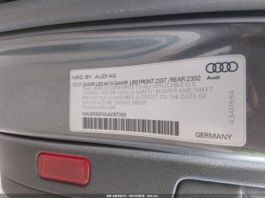 2018 Audi A4 2.0T Tech Ultra Premium/2.0T Ultra Premium VIN: WAUKMAF4XJA087069 Lot: 44828210