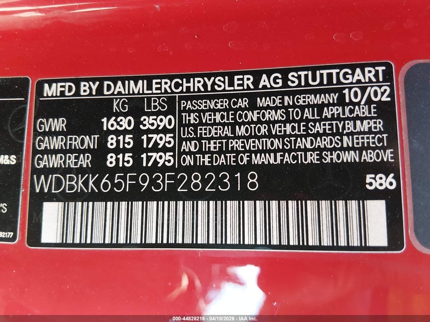 2003 Mercedes-Benz Slk 320 VIN: WDBKK65F93F282318 Lot: 44828216