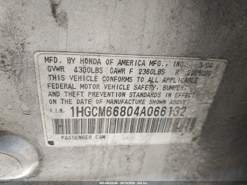 2004 Honda Accord 3.0 Ex VIN: 1HGCM66804A066132 Lot: 44828246
