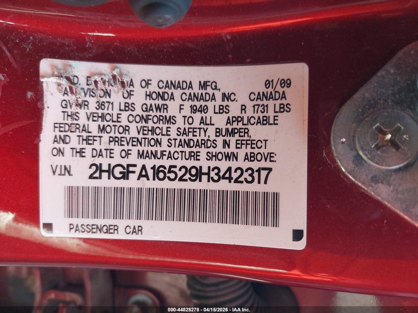 2009 Honda Civic Lx VIN: 2HGFA16529H342317 Lot: 44828278