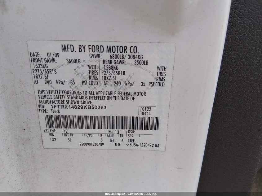 2009 Ford F-150 Stx/Xl/Xlt VIN: 1FTRX14829KB50363 Lot: 44828302