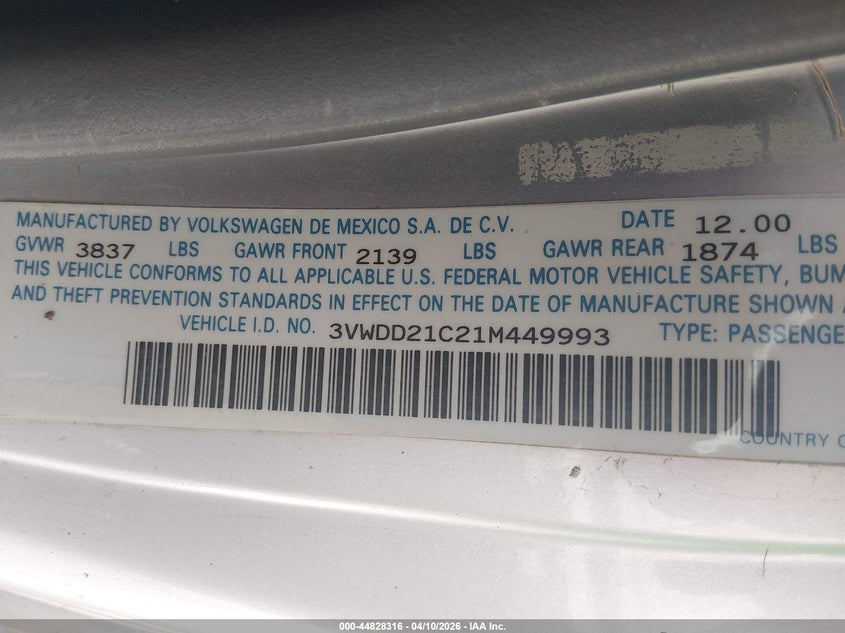 2001 Volkswagen New Beetle Glx VIN: 3VWDD21C21M449993 Lot: 44828316