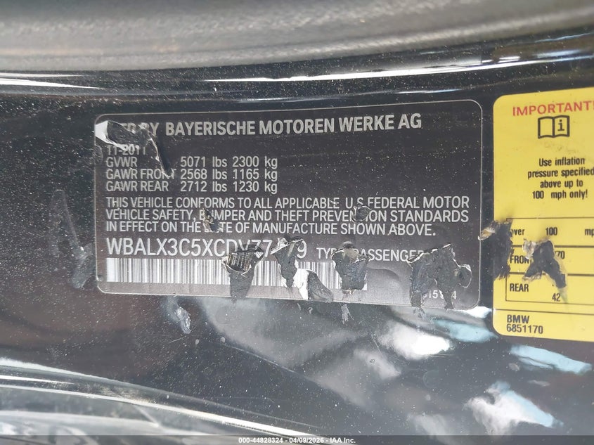 2012 BMW 650I VIN: WBALX3C5XCDV77419 Lot: 44828324