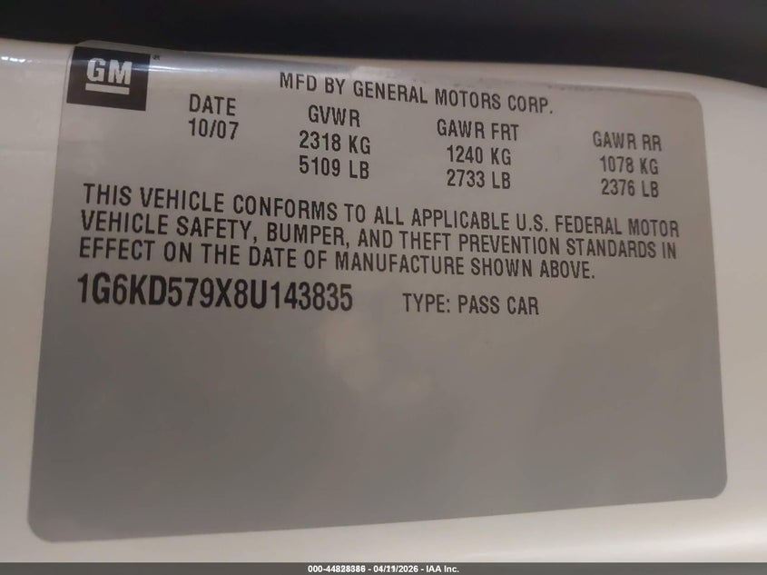 2008 Cadillac Dts 1Se VIN: 1G6KD579X8U143835 Lot: 44254649