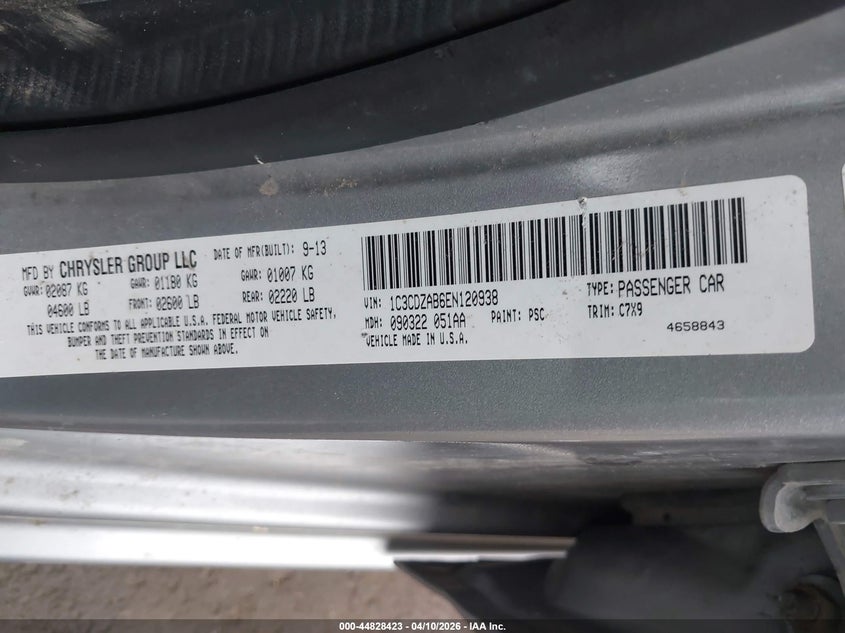 2014 Dodge Avenger Se VIN: 1C3CDZAB6EN120938 Lot: 44828423