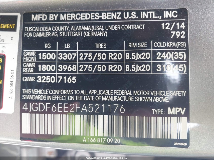 2015 Mercedes-Benz Gl 450 4Matic VIN: 4JGDF6EE2FA521176 Lot: 44828424
