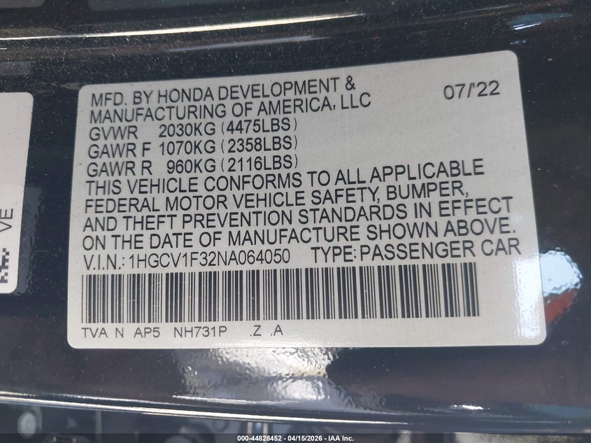 2022 Honda Accord Sport VIN: 1HGCV1F32NA064050 Lot: 44828452
