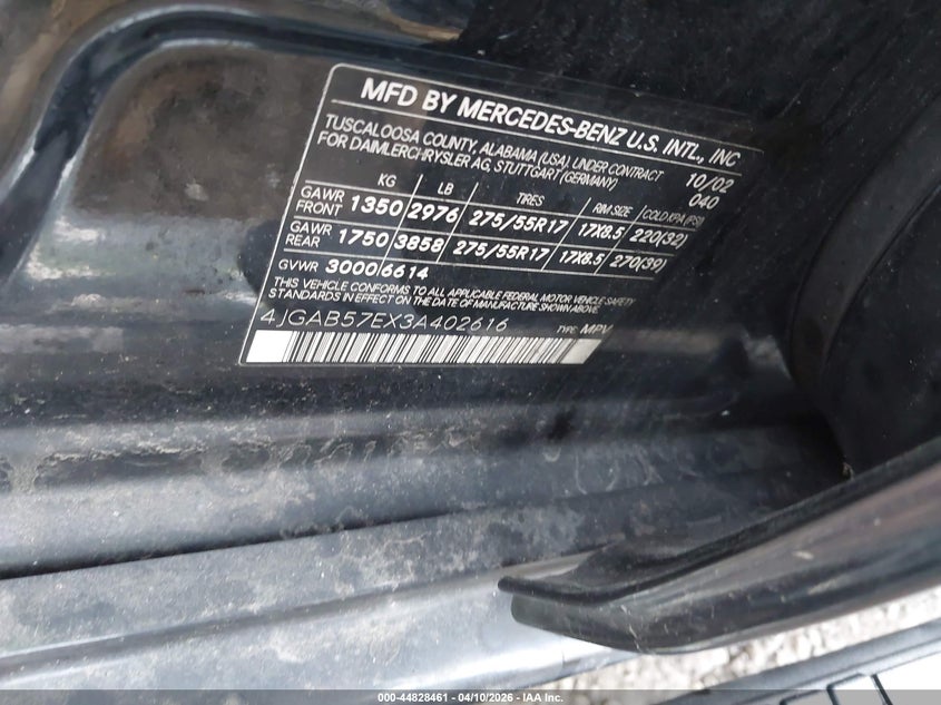 2003 Mercedes-Benz Ml 350 VIN: 4JGAB57EX3A402616 Lot: 44828461