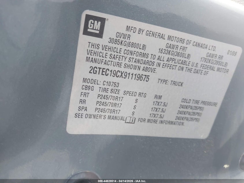 2009 GMC Sierra 1500 Sl VIN: 2GTEC19CX91119675 Lot: 44828514