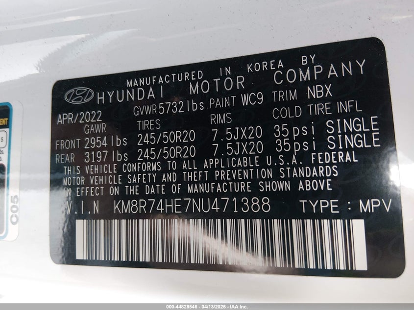2022 Hyundai Palisade Calligraphy VIN: KM8R74HE7NU471388 Lot: 44828546
