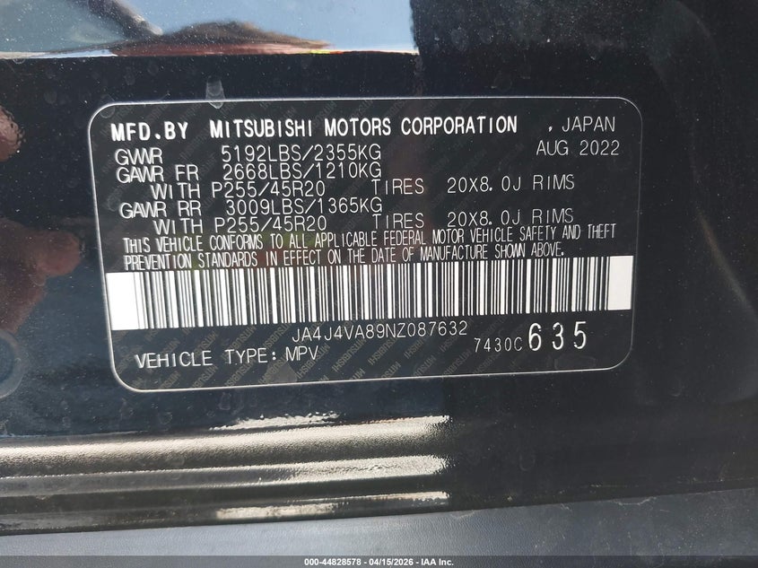 2022 Mitsubishi Outlander Sel 2.5 S-Awc/Sel Launch Edition S-Awc/Sel Special Edition S-Awc VIN: JA4J4VA89NZ087632 Lot: 44828578