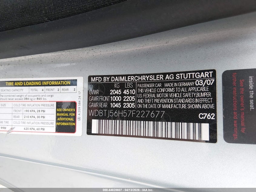 2007 Mercedes-Benz Clk 350 VIN: WDBTJ56H57F227677 Lot: 44828607