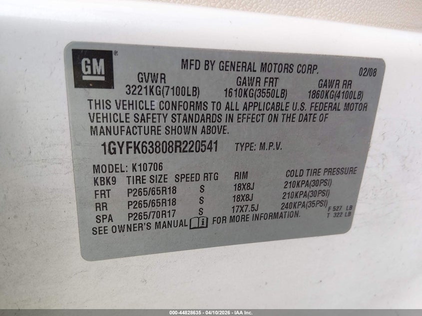 2008 Cadillac Escalade Standard VIN: 1GYFK63808R220541 Lot: 44828635