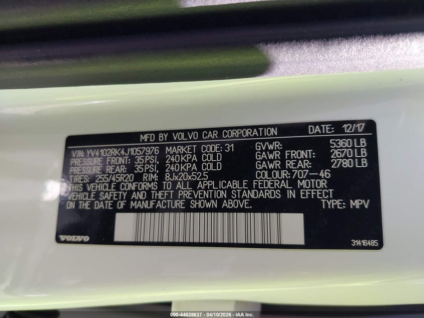 2018 Volvo Xc60 T5 Momentum VIN: YV4102RK4J1057976 Lot: 44828637