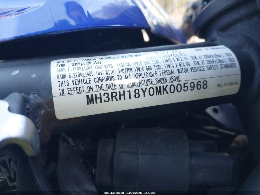 2021 Yamaha Yzfr3 A VIN: MH3RH18Y0MK005968 Lot: 44828660