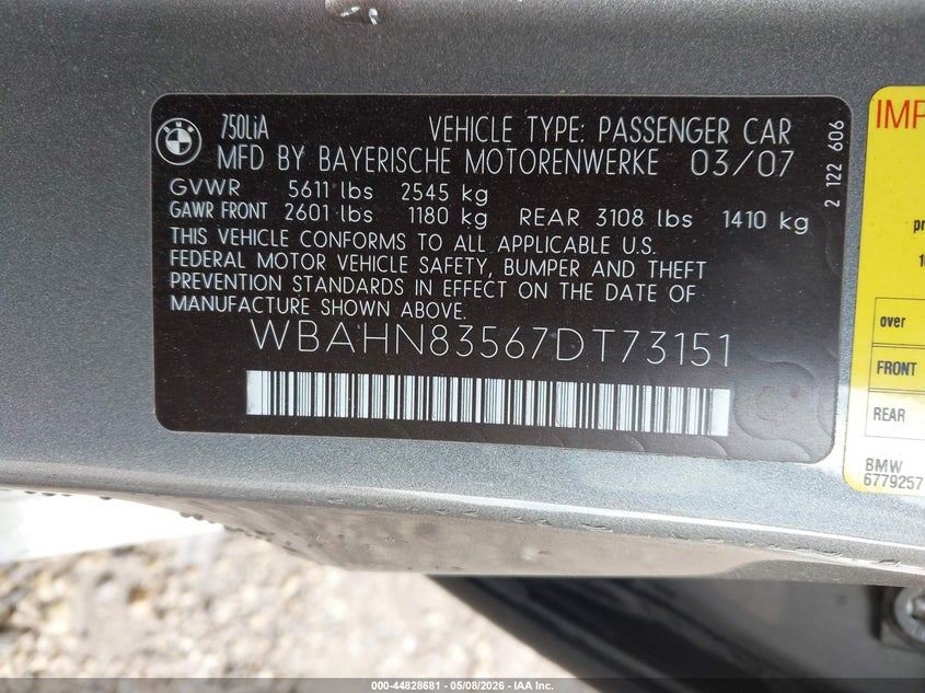 2007 BMW 750Li VIN: WBAHN83567DT73151 Lot: 44828681