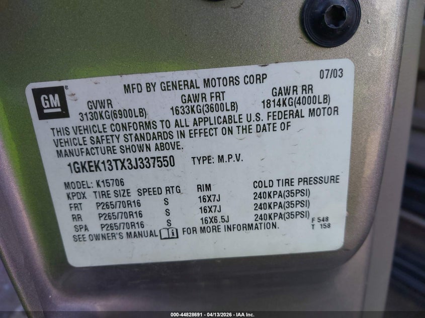 2003 GMC Yukon Slt VIN: 1GKEK13TX3J337550 Lot: 44828691