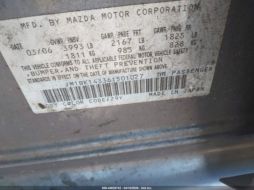 2006 Mazda Mazda3 S VIN: JM1BK143361501027 Lot: 44828742