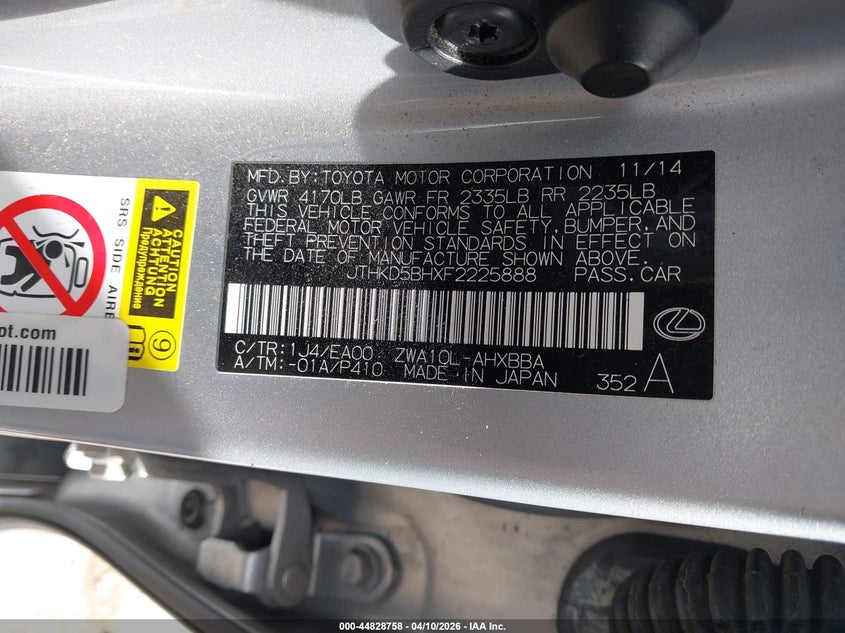 2015 Lexus Ct 200H VIN: JTHKD5BHXF2225888 Lot: 44828758