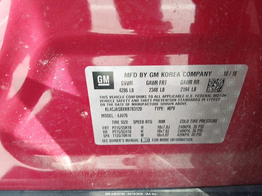 2019 Buick Encore Fwd Preferred VIN: KL4CJASBXKB783120 Lot: 44828769