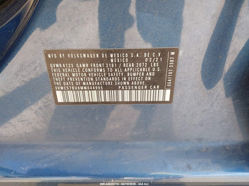 2021 Volkswagen Jetta 1.4T R-Line/1.4T S/1.4T Se VIN: 3VWC57BU6MM044995 Lot: 44828774