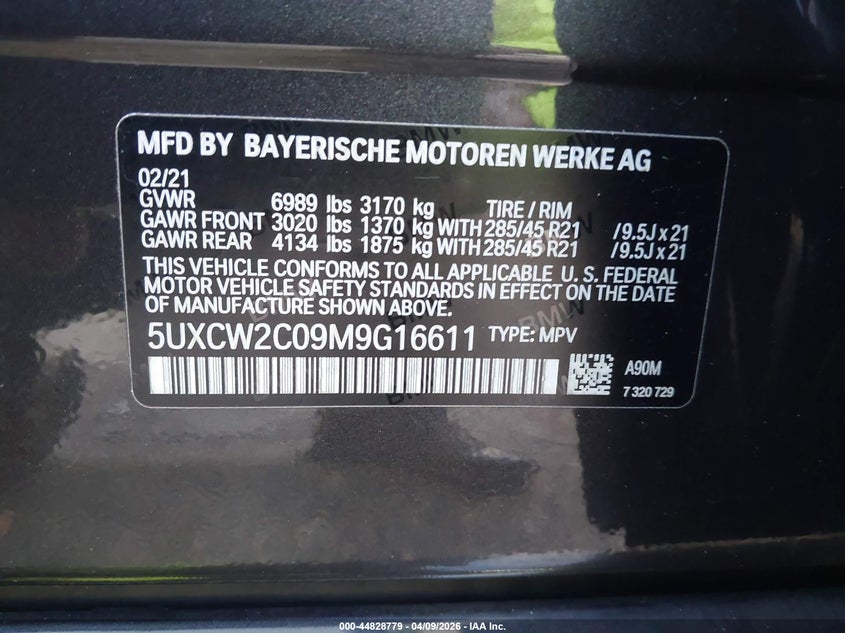 2021 BMW X7 xDrive40I VIN: 5UXCW2C09M9G16611 Lot: 44828779