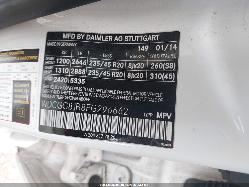 2014 Mercedes-Benz Glk 350 4Matic VIN: WDCGG8JB8EG296662 Lot: 44828786