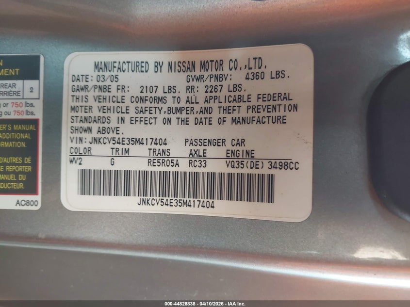 2005 Infiniti G35 VIN: JNKCV54E35M417404 Lot: 44828838