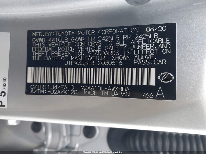 2020 Lexus Ux 200 VIN: JTHX3JBH3L2030616 Lot: 44828844