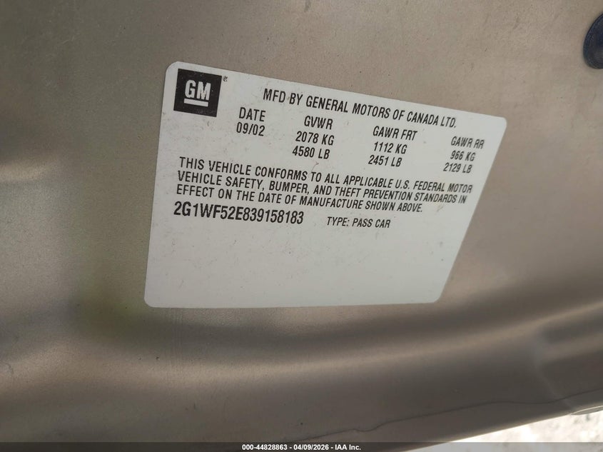 2003 Chevrolet Impala VIN: 2G1WF52E839158183 Lot: 44828863