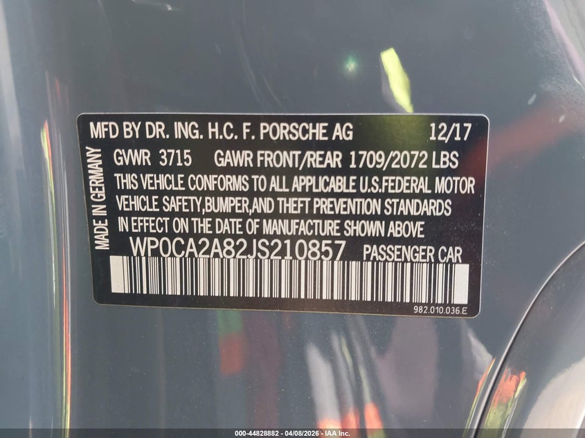 WP0CA2A82JS210857 2018 Porsche 718 boxster 2.0 grey