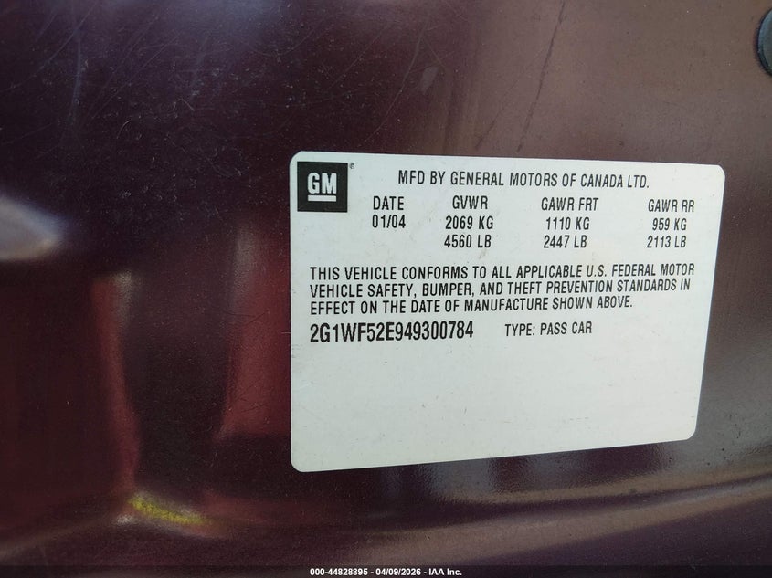 2004 Chevrolet Impala VIN: 2G1WF52E949300784 Lot: 44828895