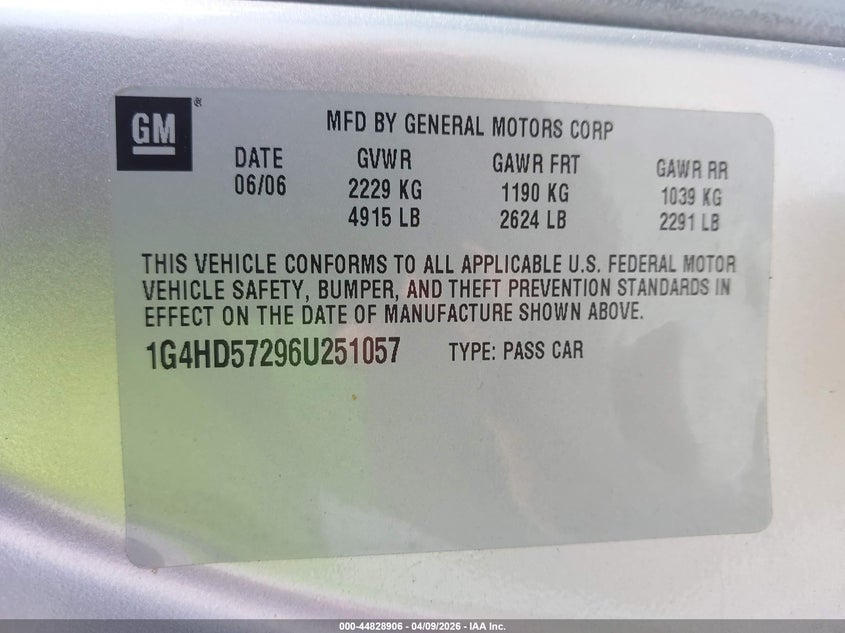 2006 Buick Lucerne Cxl VIN: 1G4HD57296U251057 Lot: 44828906