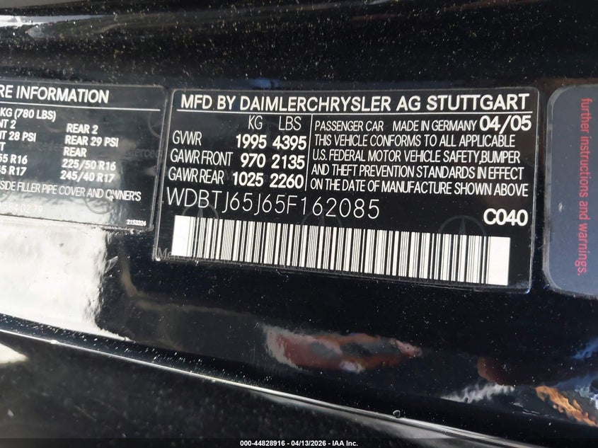 2005 Mercedes-Benz Clk 320 VIN: WDBTJ65J65F162085 Lot: 44828916